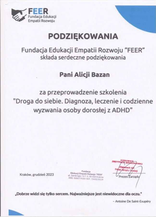 Podziękowanie Fundacja FEER